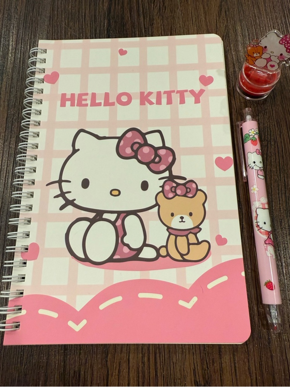 Hello Kitty Trio Pink and White Check Spiral Notebook with Pen & Stamp